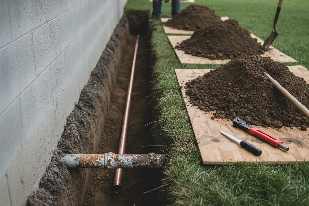 Excavated water line trench during Water Heater Repair in Gilford